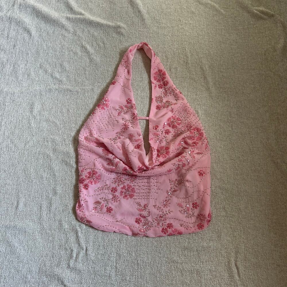 pink beaded embellished cowl neck, open back halter top